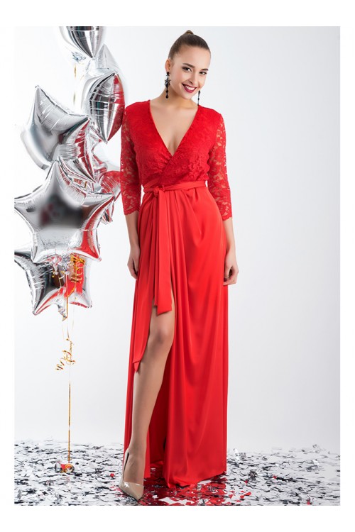 Красное вечернее платье с разрезом на ноге Donna